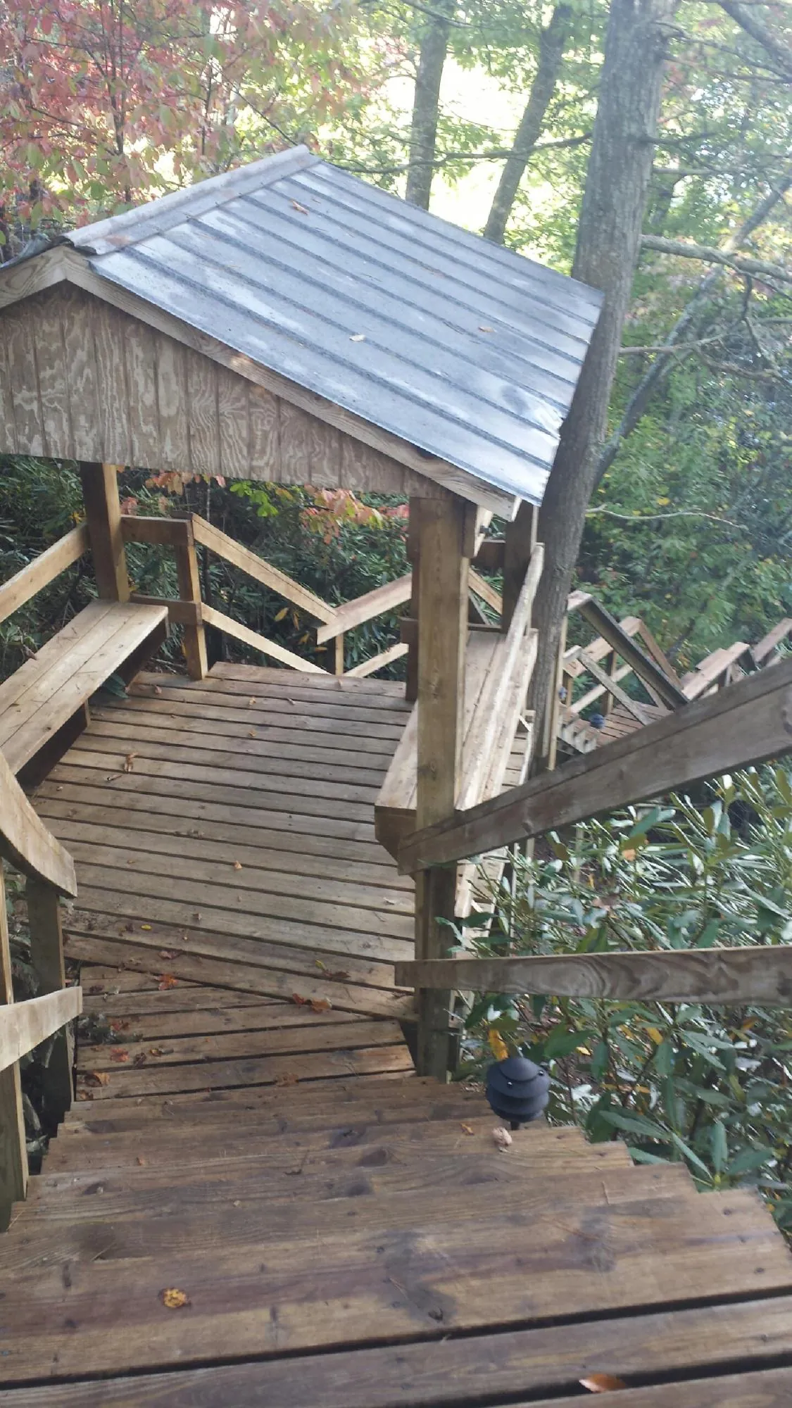 Metal roofed shelter over wooden steps on a wooded walkway — Skylight Repair & Installation work by our crew in Ridgecrest